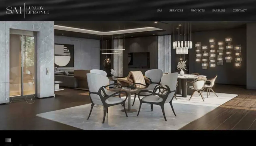 Luxuriously designed modern living room features elegant wooden furniture, plush seating, and contemporary lighting, creating an inviting and sophisticated atmosphere.