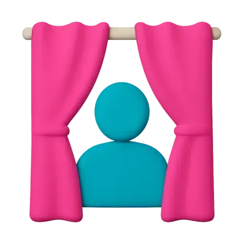 A minimalist 3D illustration depicts a teal-colored humanoid figure framed by vibrant pink curtains, creating a contrast between the soft, flowing drapery and the simple geometric shape, perfect for themes of privacy or interior decoration.