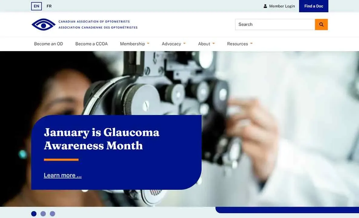 The image depicts a close-up of an eye examination equipment, with a blue banner in the foreground that reads "January is Glaucoma Awareness Month" on the website of the Canadian Association of Optometrists.