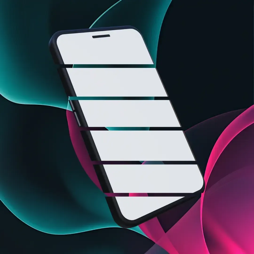 Un teléfono inteligente elegante y moderno mostrado sobre un fondo oscuro con formas abstractas coloridas.