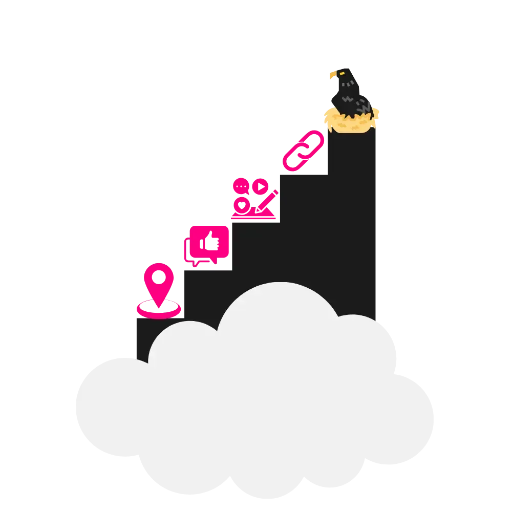 A whimsical illustration featuring a cloud with a pink and black trail leading to a crescent moon.
