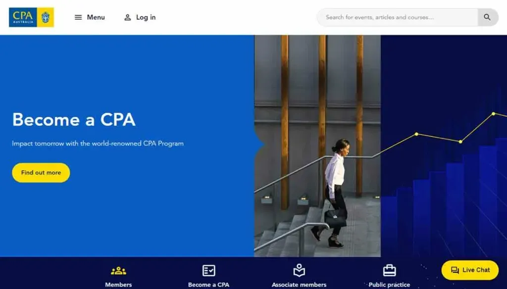 The image shows a professional business-themed website interface featuring a woman in formal attire walking upstairs, with text promoting the CPA program, highlighted by a prominent blue and yellow color scheme.
