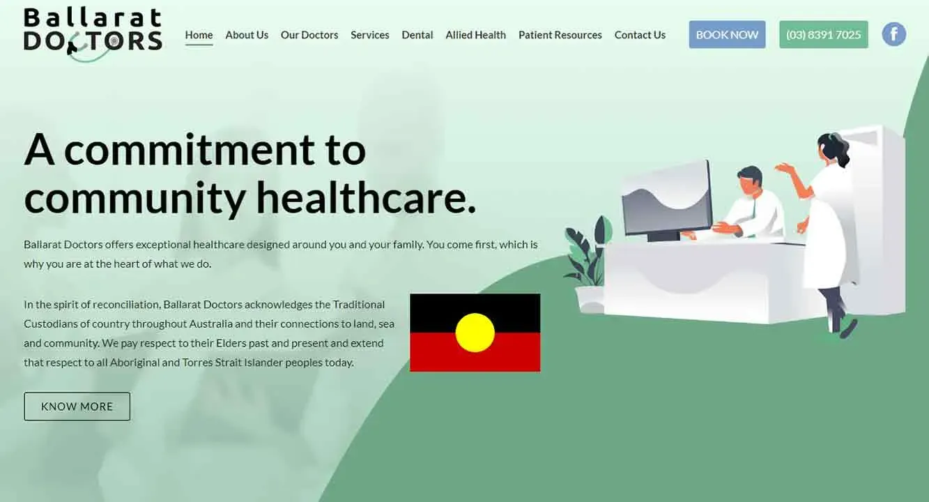 A doctor in a white coat and a patient are interacting in a healthcare setting, with the Australian Aboriginal flag prominently displayed, symbolizing a commitment to community healthcare and cultural respect.