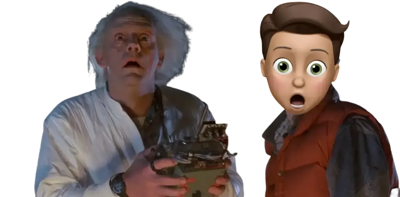 Two animated characters: an elderly man with white hair and a surprised young boy, both in a dramatic setting.