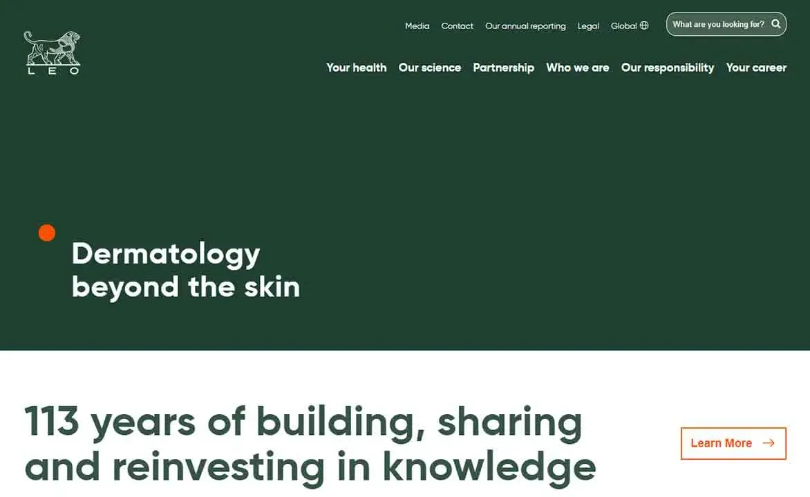 The image shows a green landing page for a dermatology-focused website, featuring the tagline "Dermatology beyond the skin" and a section highlighting "113 years of building, sharing and reinvesting in knowledge," with a "Learn More" button.