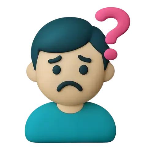 A 3D illustrated person with a sad expression and a blue shirt, accompanied by a large pink question mark above their head, symbolizing confusion or uncertainty.