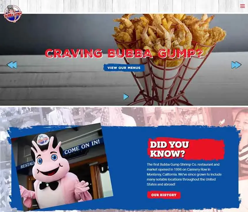 A wire basket brimming with crispy fried shrimp is prominently featured above a banner stating "Craving Bubba Gump?", while below, a fun and colorful mascot in front of a Bubba Gump Shrimp Co. location adds playful charm.