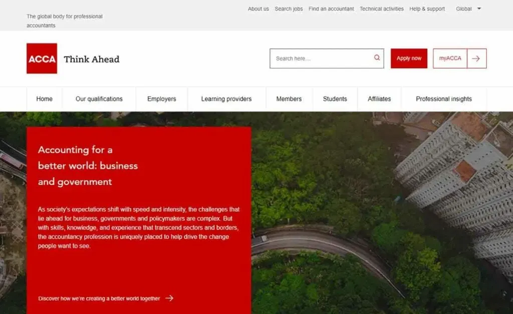 The image shows a website header for a professional accountancy body, featuring navigation tabs such as home, employers, learning providers, and insights, along with a rotating banner that highlights the importance of accounting for business and government, partially covering an aerial view of a cityscape with a winding road through lush greenery.