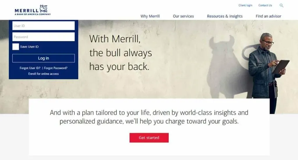 A man standing and reading a tablet against a beige wall with the Merrill logo and a slogan about support, emphasizing personalized financial planning and guidance, with a red "Get started" button below.