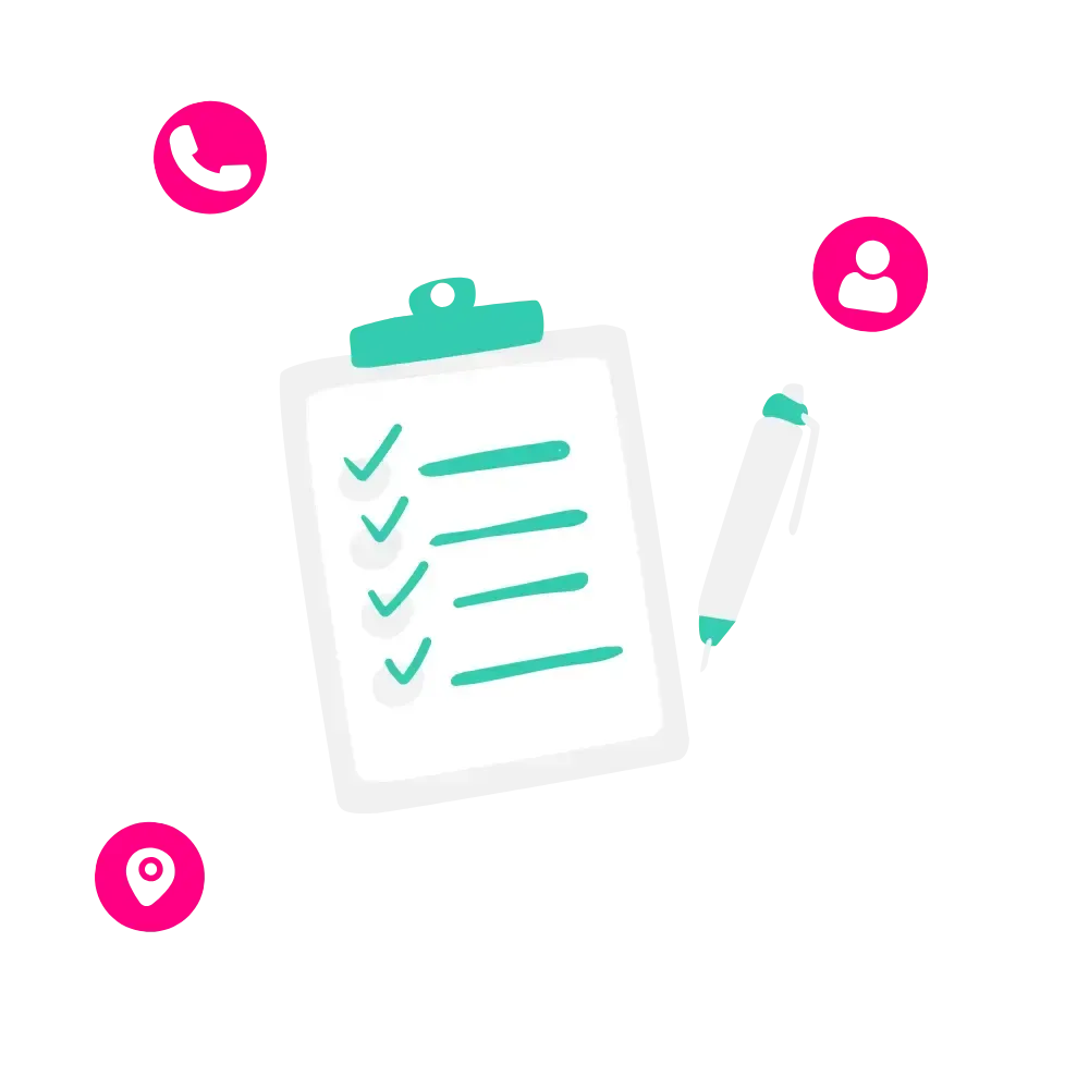 A checklist on a document with a pen, surrounded by pink icons representing reminders or notifications.