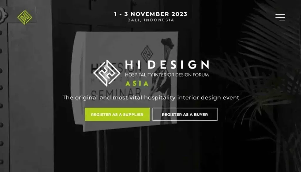 The image shows a promotional banner for the HI Design Asia hospitality interior design forum, scheduled for November 1-3, 2023, in Bali, Indonesia, featuring a sleek black background with green accents and options to register as a supplier or buyer.