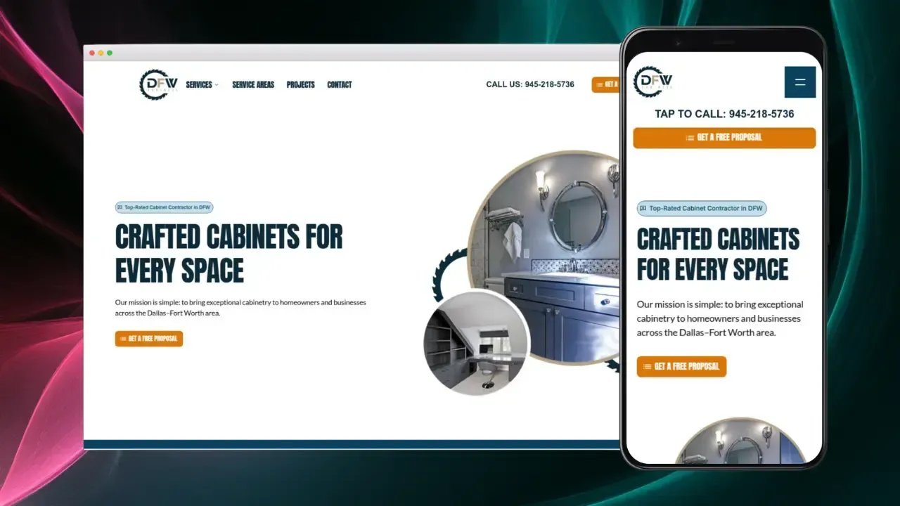 El diseño web responsivo que muestra los servicios de gabinetes se presenta tanto en un escritorio como en un dispositivo móvil, destacando el texto "Gabinetes elaborados para cada espacio" con opciones para propuesta de servicio e información de contacto.
