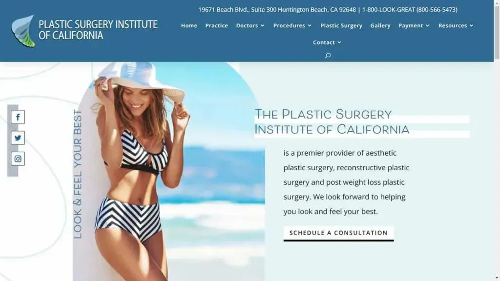 A woman in a stylish black and white striped bikini poses with a sun hat on a beach, featured on the homepage of the Plastic Surgery Institute of California, highlighting aesthetic plastic surgery and post-weight loss procedures with a call-to-action button to schedule a consultation.