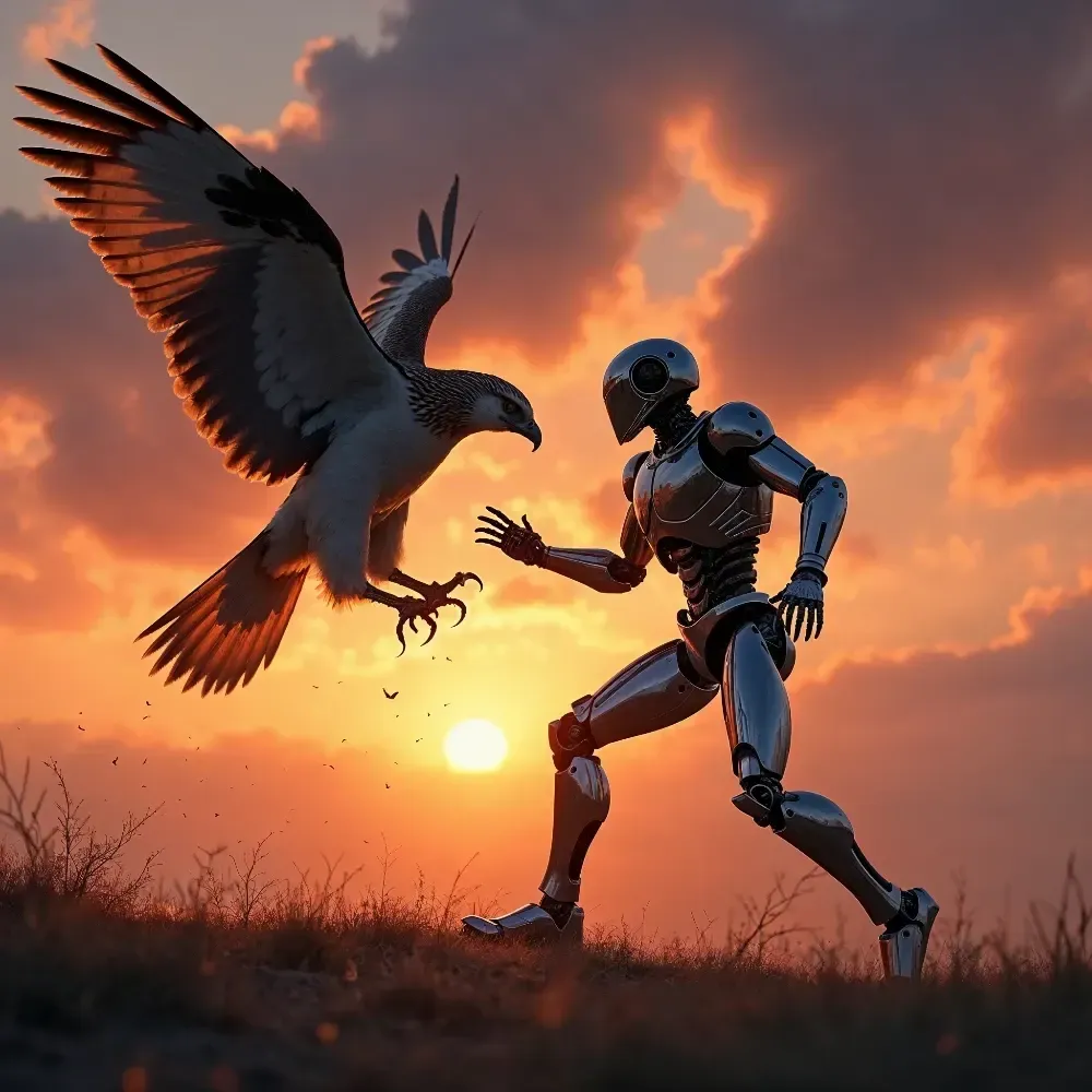 A robot stands in a field, reaching out to a hawk against a vibrant sunset background with clouds.