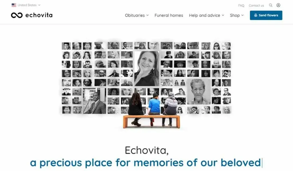 A group of three people sits on a bench, viewing a large wall collage of black and white portrait photographs on the Echovita website, a platform dedicated to memorializing loved ones.
