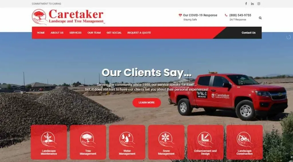 A red Caretaker Landscape and Tree Management truck is parked in an open area next to piles of mulch, with a navigation menu and services icons overlayed on the website interface.