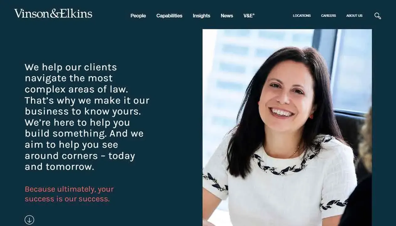 A smiling person sits at a desk in a modern office with a window view, next to a dark overlay featuring the Vinson & Elkins logo and a message about helping clients navigate complex legal areas.