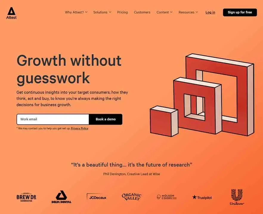 Orange-themed webpage featuring interlocking red and white geometric shapes, with bold text stating "Growth without guesswork," followed by a call to action for booking a demo and entering an email for updates on business growth insights.