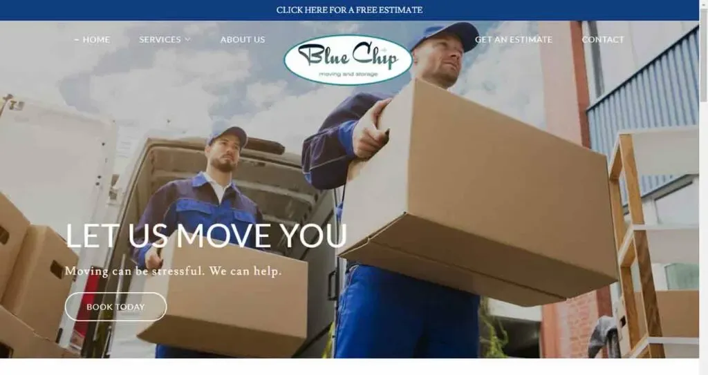 Two movers in blue uniforms are unloading large cardboard boxes from a van, with a logo that reads "Blue Chip" and text encouraging viewers to book moving services today.