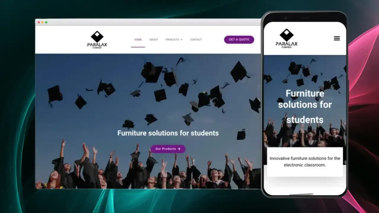 La imagen muestra dos dispositivos digitales que muestran un sitio web para "Parallax", con un grupo de estudiantes lanzando alegremente sus birretes al aire, con texto que destaca "Soluciones de muebles para estudiantes" contra un fondo animado y vibrante.