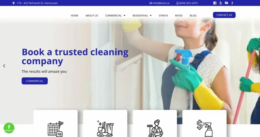 A person wearing blue overalls and yellow gloves is cleaning a window with a blue cloth and green spray bottle, accompanied by text promoting a trusted cleaning company.