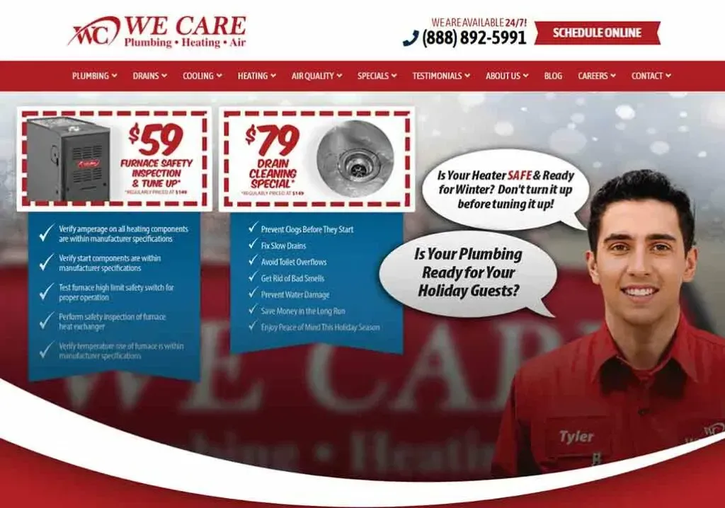 The image features a promotional advertisement for "WE CARE Plumbing, Heating, Air," highlighting a 59 furnace safety inspection and tune-up, and a 79 drain cleaning special, alongside contact information, navigation links for services like plumbing and heating, and a call-to-action to schedule online.