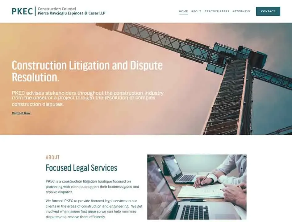 A website homepage featuring a tall construction crane set against a clear sky, accompanied by text about construction litigation and dispute resolution services offered by the legal firm PKEC, which focuses on construction industry stakeholders.