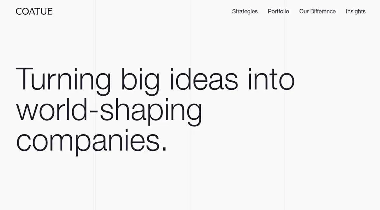 The image shows a minimalist website homepage with the text "Turning big ideas into world-shaping companies," and a navigation menu featuring links to "Strategies," "Portfolio," "Our Difference," and "Insights," set against a white background.