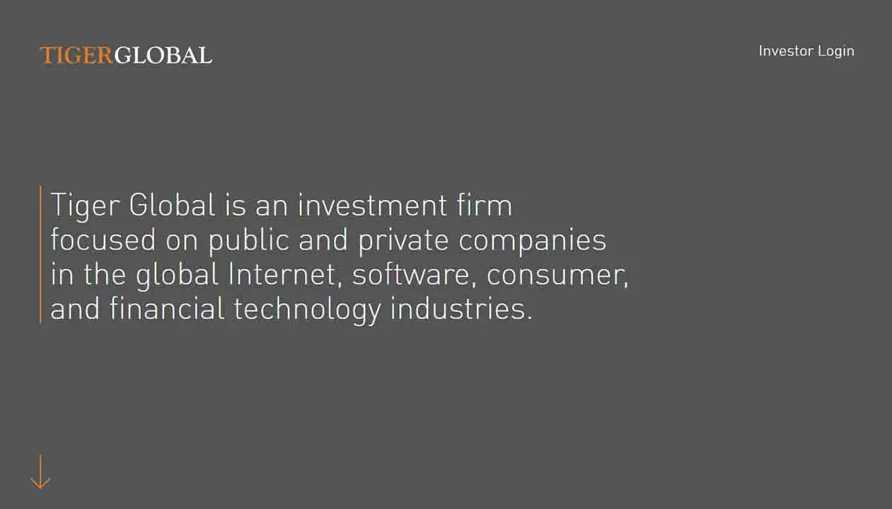 The image features a gray background with the text "Tiger Global is an investment firm focused on public and private companies in the global Internet, software, consumer, and financial technology industries" alongside the Tiger Global logo, emphasizing investment and finance.