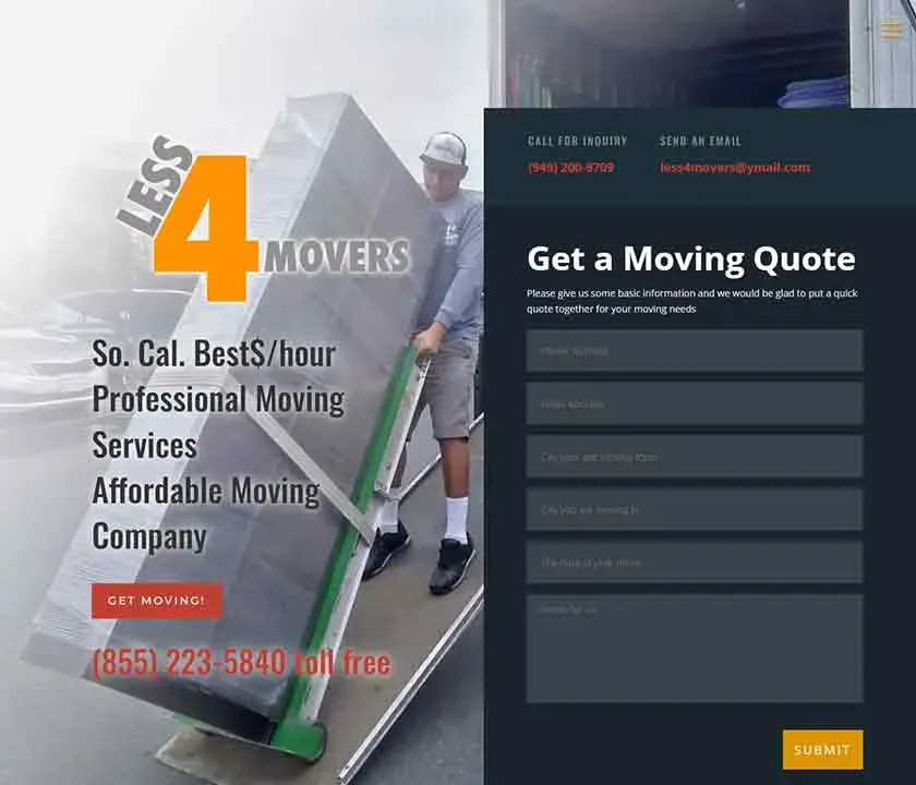 A person loads a wrapped item onto a truck while standing next to text promoting a Southern California moving company, emphasizing hourly rates and contact information for quotes.