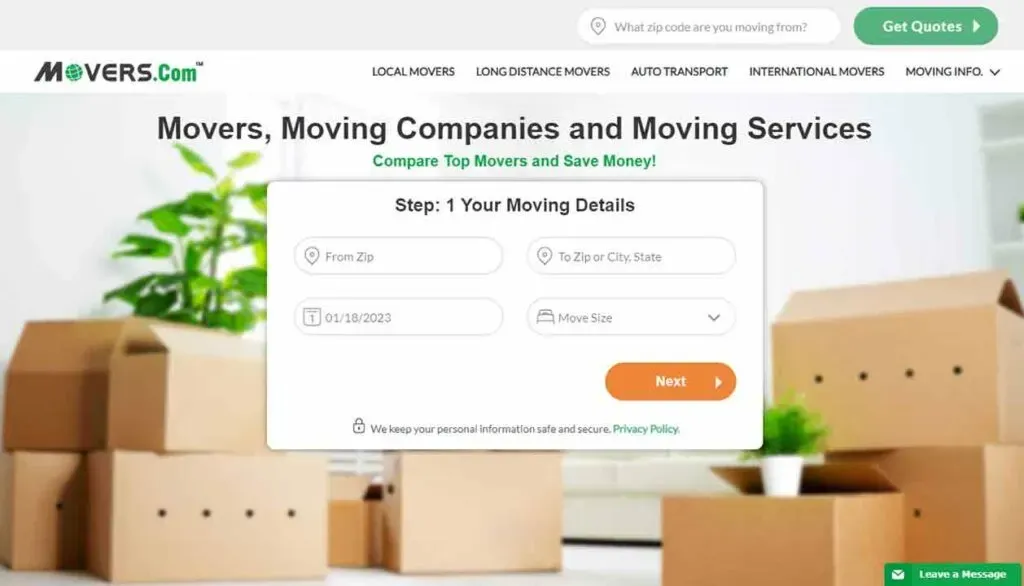 Cardboard moving boxes are stacked in a room, surrounding a sign-up form for comparing and saving on moving services, featuring fields for zip codes, date, and move size, on Movers.com.