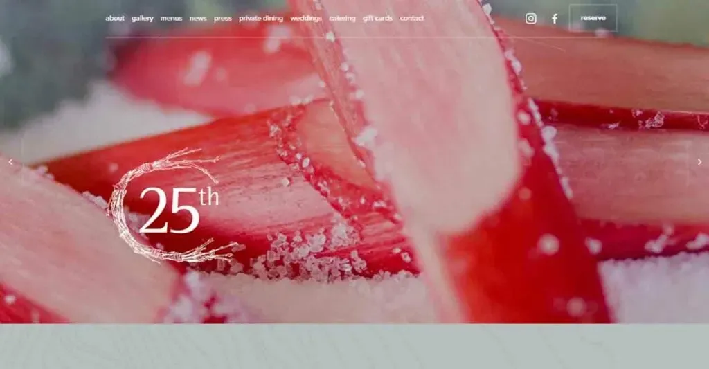 Close-up image of vibrant red rhubarb stalks sprinkled with sugar, featuring a decorative "25th" anniversary design overlay, suitable for restaurant or culinary-themed content.