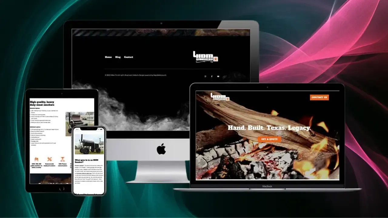Una pantalla digital muestra un diseño de sitio web responsivo en múltiples dispositivos, incluyendo una tableta, un teléfono inteligente, una computadora de escritorio y una laptop, contra un fondo vibrante y abstracto, enfatizando el desarrollo web moderno y la compatibilidad entre dispositivos.
