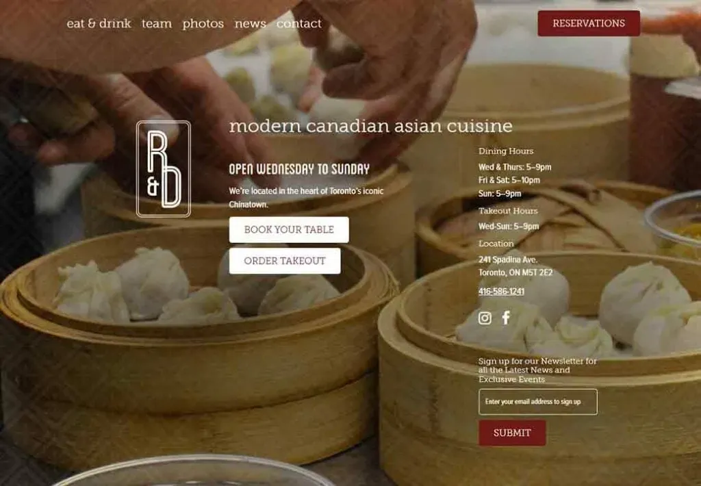A variety of steaming dim sum baskets filled with dumplings sit on a wooden table, with a restaurant menu overlay in the foreground featuring modern Canadian Asian cuisine, offering details like dining hours and ordering options.