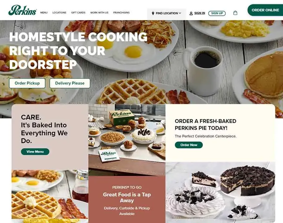 Homepage of a restaurant chain showcasing homestyle cooking including waffles, pies, and various baked goods available for delivery, curbside, or pickup, with headers highlighting convenience and quality.