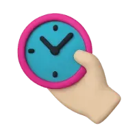 A hand holding a colorful clock with a pink frame and blue face, displaying time.