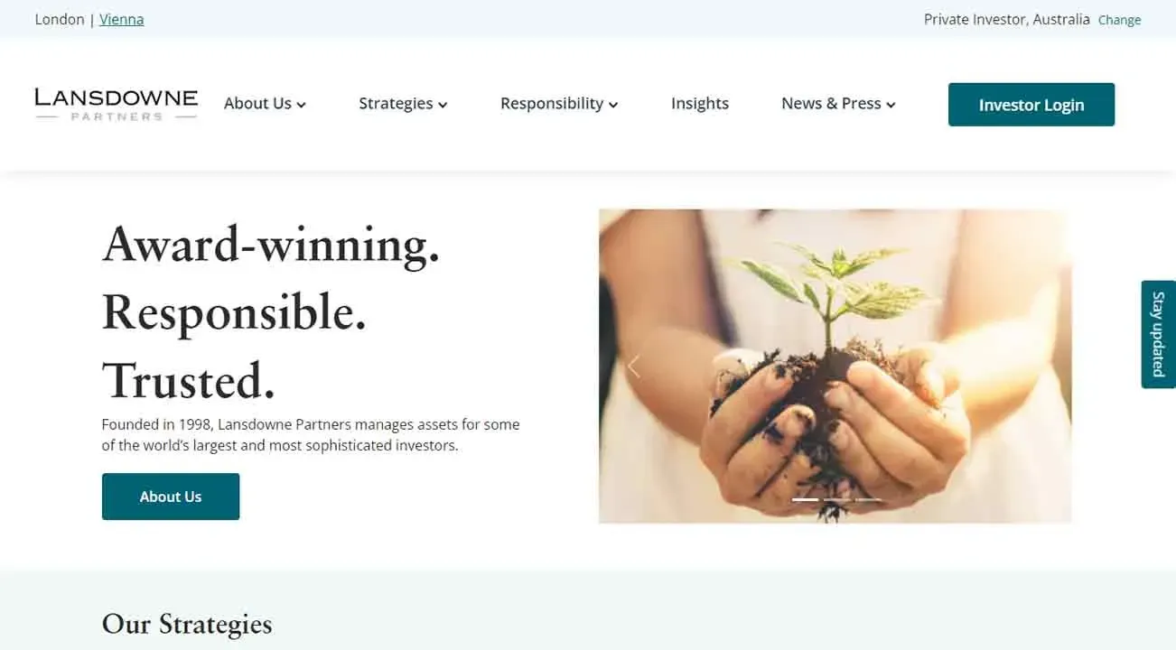 A person holds soil with a small, thriving plant sprouting from it, symbolizing growth and sustainability, accompanied by text stating "Award-winning. Responsible. Trusted." on a professional investment firm's website, with options for various informational sections and an investor login.