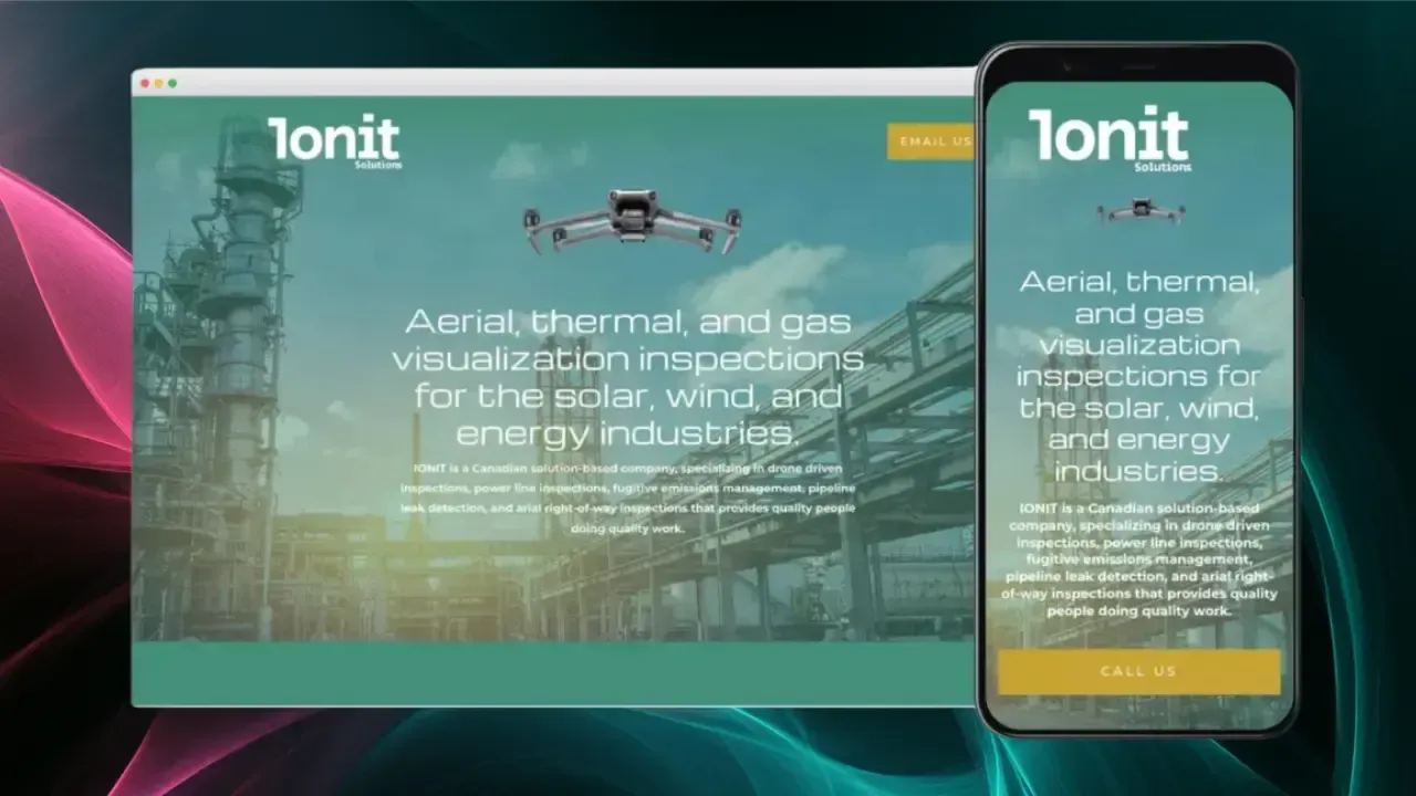 Una tableta y un teléfono inteligente muestran un sitio web para 1on1 Technologies, con una imagen de estructuras industriales y un dron, promoviendo inspecciones aéreas y térmicas para las industrias solar, eólica y energética.