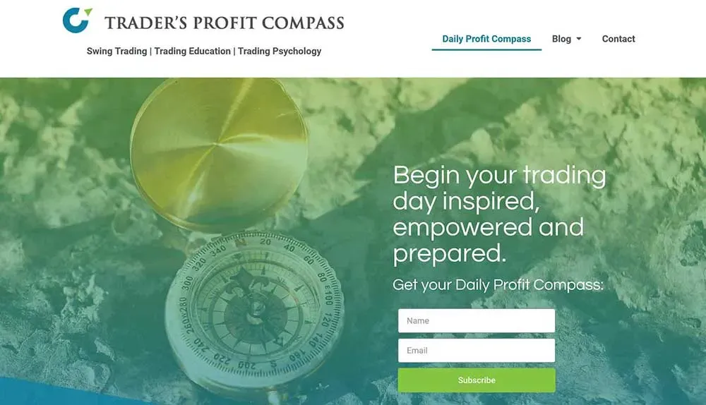 A golden compass rests on a textured green background beside a signup form for a trading newsletter, promoting day trading insights and education opportunities.