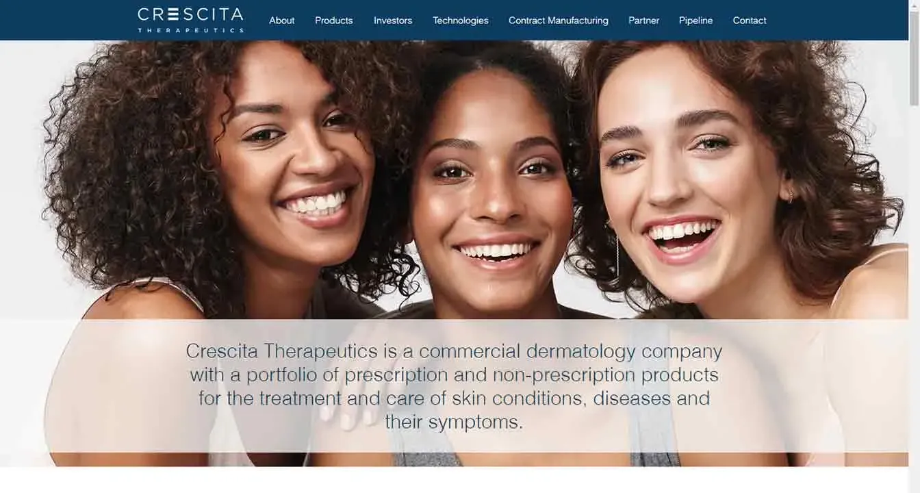 Three smiling women with curly hair are featured on the homepage of Crescita Therapeutics, a company specializing in dermatology products for skin care and treatment.