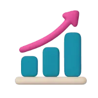 Bar chart with three blue bars increasing in height, topped with a pink arrow indicating growth.