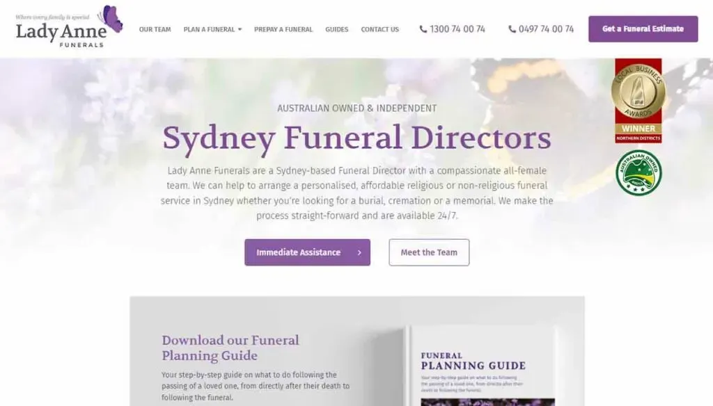 The image shows the homepage of Lady Anne Funerals, featuring a header with contact information and awards, emphasizing Sydney Funeral Directors with immediate assistance and meeting options, alongside a downloadable funeral planning guide.