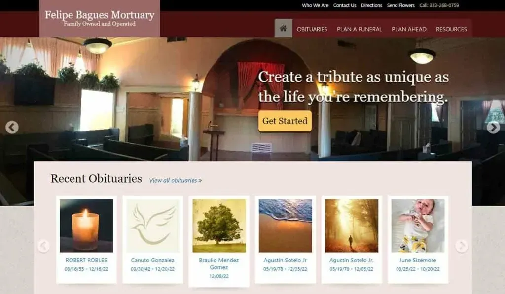 The image shows a website homepage for "Felipe Bagues Mortuary," featuring warm tones, a comforting interior with floral arrangements, and a navigation bar offering options like obituaries, funeral planning, and resources, alongside a call-to-action button labeled "Get Started."
