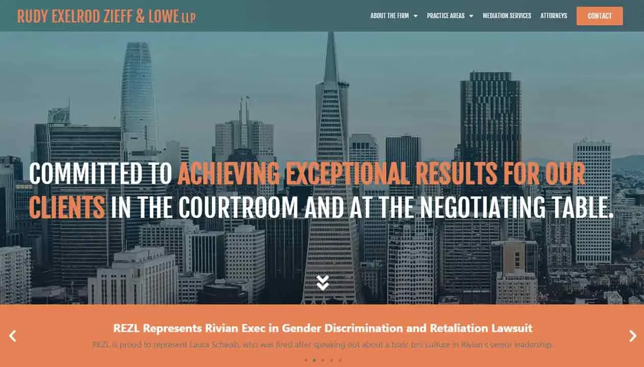 An urban landscape showcasing the skyline of San Francisco, featuring prominent skyscrapers under a clear sky, with a law firm's website overlay emphasizing commitment to client success in legal negotiations and courtrooms.