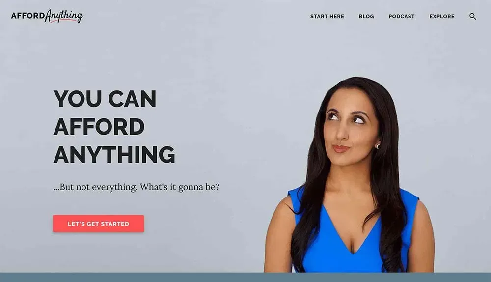 A woman in a blue dress looks thoughtfully to her right on a website homepage with the text "You Can Afford Anything" in large, bold letters beside her.