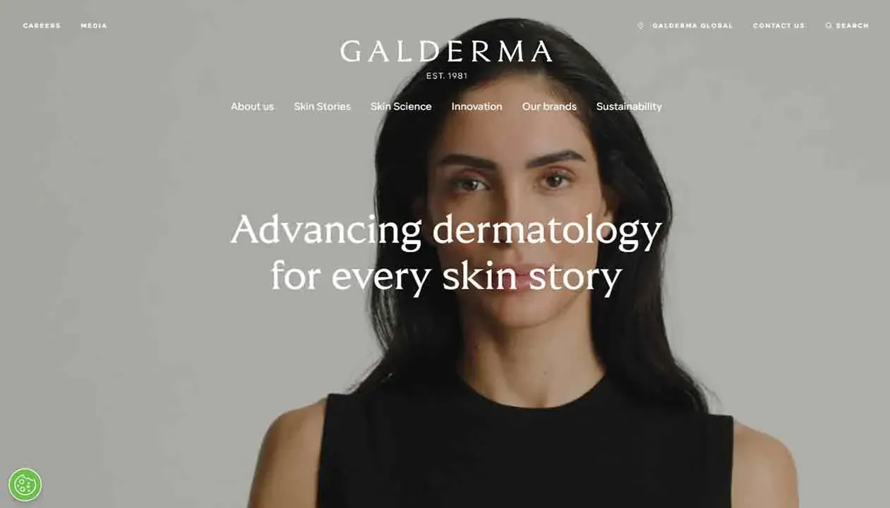A woman with long dark hair wearing a black sleeveless top is centered against a neutral gray background, accompanied by text promoting advancements in dermatology.