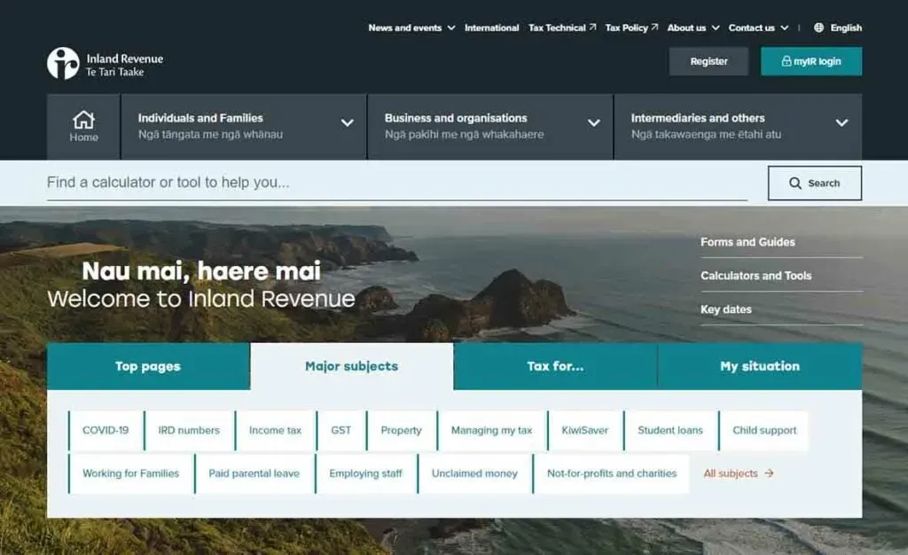 Homepage of New Zealand's Inland Revenue, displaying navigation menus for individuals, families, business organizations, and intermediaries, with a search bar and links to key tools and updates on tax information.