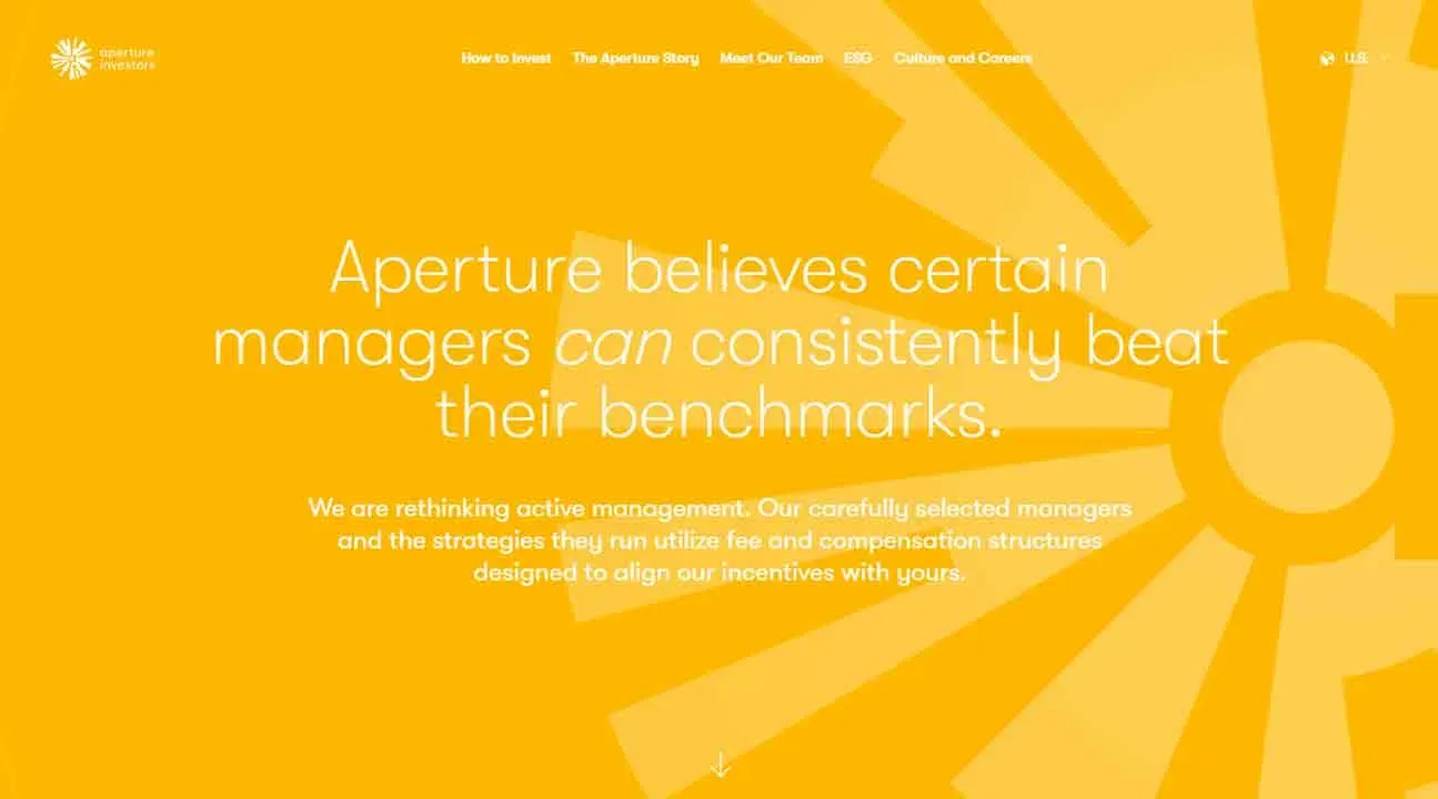 A bright yellow webpage features a bold text stating, "Aperture believes certain managers can consistently beat their benchmarks," with additional text below about active management strategies, and a stylized sunburst logo in the background.
