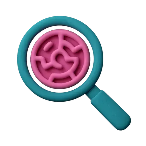 A vibrant pink circular maze encased in a teal magnifying glass creates a playful and intriguing visual, ideal for encouraging problem-solving and exploration.