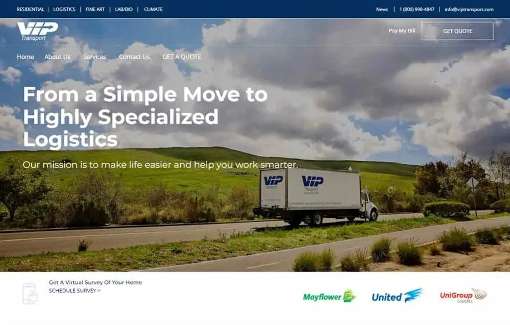 A moving truck with the "VIP Transport" logo is parked on a rural road surrounded by lush green hills under a partly cloudy sky, with text promoting specialized logistics services in the foreground.